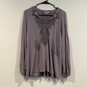 Gimmicks Dusty Purple Long Sleeve Sheer Blouse with Lace and Ties - Size Small